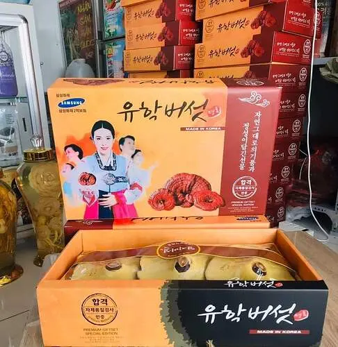 Nấm linh chi Trung quốc thống lĩnh thị trường Việt dưới mác nấm Hàn 2 nấm linh chi hàn quốc hình cô gái, được bày bán tại coopmart, một trong những loại nấm giả xuất xứ phổ biến