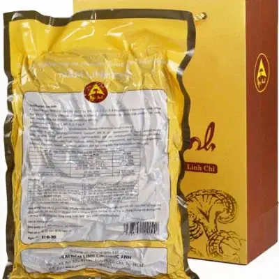 Thành phần chi tiết và Hướng dẫn sử dụng Nấm Linh Chi Cao Cấp Thái Lát mặt sau bao bì nấm linh chi cao cấp thái lát, có bảng thành phần rõ ràng