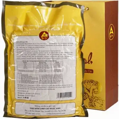 Thành phần chi tiết và Hướng dẫn sử dụng Nấm Linh Chi Cao Cấp Xay Bột mặt sau bao bì nấm linh chi cao cấp xay bột, có bảng thành phần và hướng dẫn sử dụng