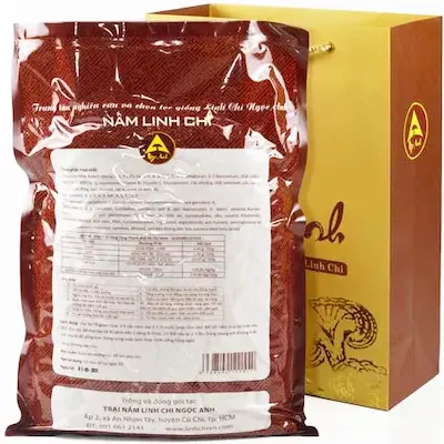 Nấm Linh Chi - Nấm Lim Xanh Ngọc Anh 17 mặt sau bao bì nấm linh chi fuji đỏ xay bột, có bảng thành phần và hướng dẫn sử dụng