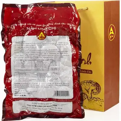 Kiểm tra thông tin chi tiết và thành phần Nấm Linh Chi Thượng Hạng trồng 12 tháng mặt sau bao bì nấm linh chi Ngọc Anh thượng hạng, thông tin dinh dưỡng và nguồn gốc