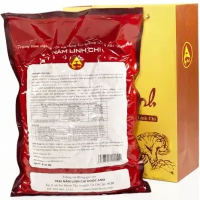 Nấm Linh Chi - Nấm Lim Xanh Ngọc Anh 19 mặt sau bao bì nấm linh chi thượng hạng xay bột, có bảng thành phần rõ ràng