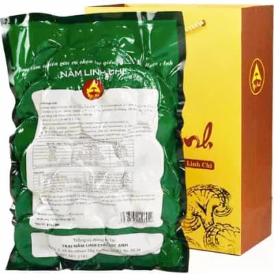 Attribute) Thành phần chi tiết và Hướng dẫn sử dụng Nấm Linh Chi Tiêu Chuẩn Nguyên Tai mặt sau bao bì nấm linh chi tiêu chuẩn nguyên tai, có bảng thành phần và hướng dẫn sử dụng