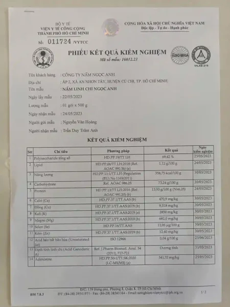 Kết Quả Kiểm Nghiệm Dược Tính Nấm Lim Xanh & Linh Chi Ngọc Anh 3 phiếu kiểm nghiệm nấm linh chi đỏ ngọc anh bộ y tế, chứng nhận hàm lượng dược chất