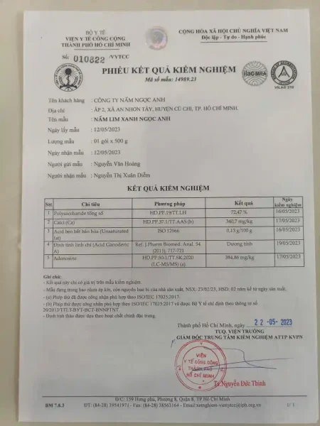 Kết Quả Kiểm Nghiệm Dược Tính Nấm Lim Xanh & Linh Chi Ngọc Anh 1 phiếu xét nghiệm dược chất nấm lim xanh ngọc anh, polysaccharides 72,47%