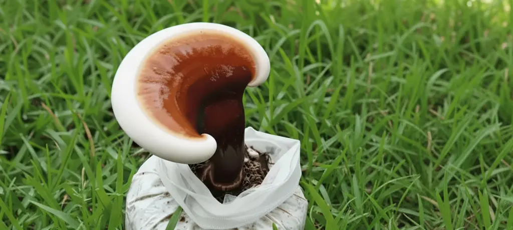 nấm linh chi đỏ ngọc anh cao cấp đang phát triển trong bịch phôi