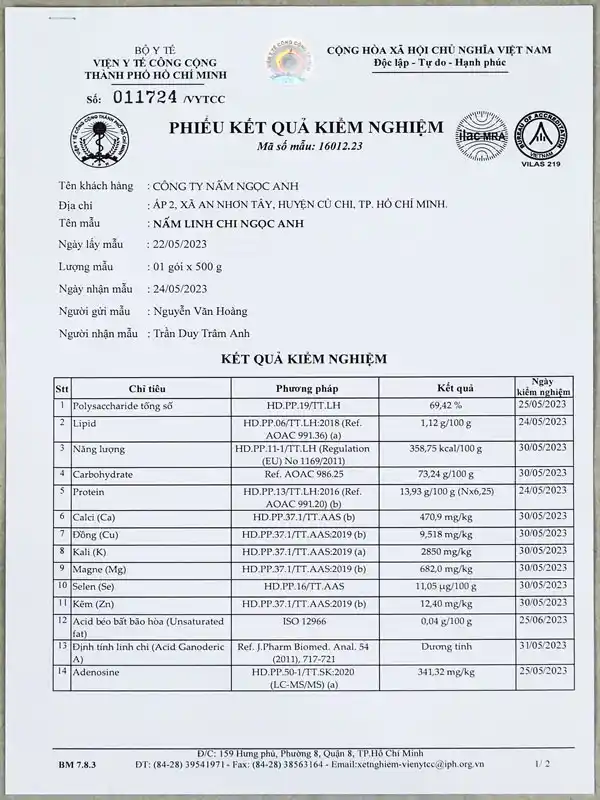 Nấm Linh Chi Ngọc Anh | Dược Tính 69.42% - Giá 4 Loại Tốt Nhất 35 Phiếu kiểm nghiệm Nấm Linh Chi Ngọc Anh