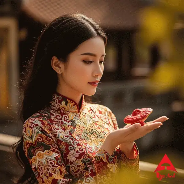 cô gái trẻ cầm cây nấm linh chi ngọc anh, minh họa mua nấm linh chi ở đâu uy tín