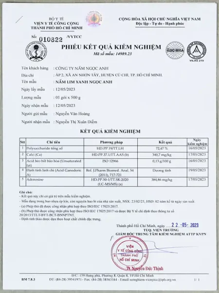 Giấy kiểm nghiệm thành phần nấm lim xanh Ngọc Anh của Viện Y Tế Công Cộng HCM
