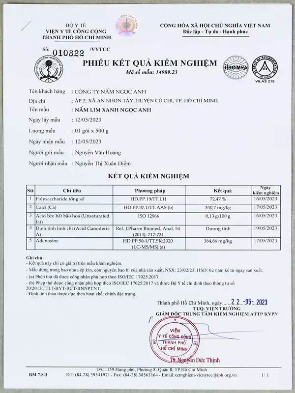 Tác Dụng Của Nấm Lim Xanh 7 Giấy kiểm nghiệm thành phần nấm lim xanh của Viện Y Tế Công Cộng HCM
