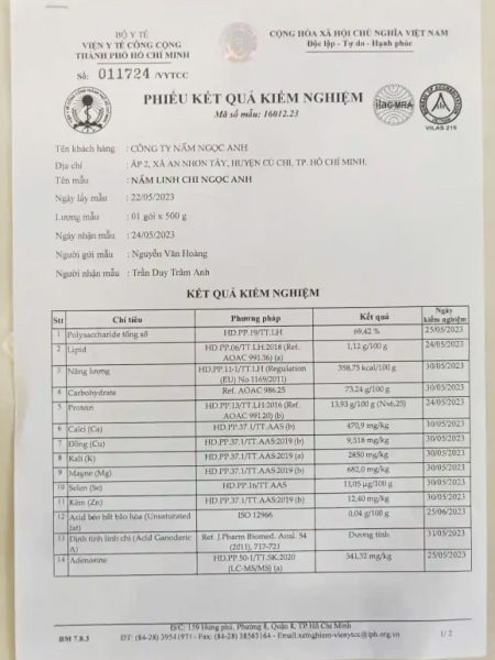 Tác Dụng & Hiệu Quả Thật Của Nấm Linh Chi Ngọc Anh – Kiểm Nghiệm Rõ Ràng 5 Giấy kiểm nghiệm thành phần nấm linh chi đỏ Ngọc Anh, chỉ số polysaccharide vượt trội
