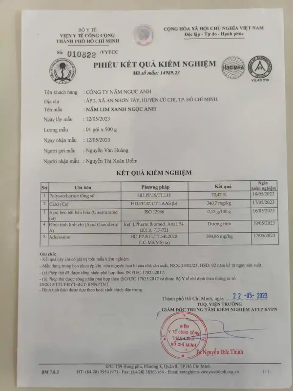 Sự thật về Nấm Lim Xanh: Nguồn gốc, Phân loại và So sánh Dược tính (Cập nhật 2026) 8 Phiếu kiểm nghiệm Nấm Lim Xanh Ngọc Anh Polysaccharide 72,47% (mã 010822/VYTCC)