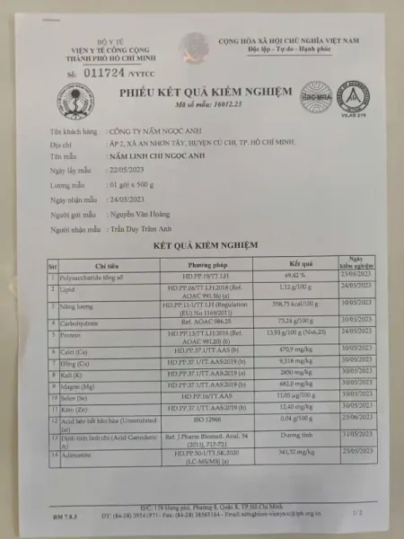 Sự Thật Về Các Danh Hiệu ''Top Thương Hiệu Vàng'' - Chúng Hoạt Động Như Thế Nào? 2 Phiếu kiểm nghiệm Nấm Linh Chi Ngọc Anh: Polysaccharide cao, an toàn Aflatoxin