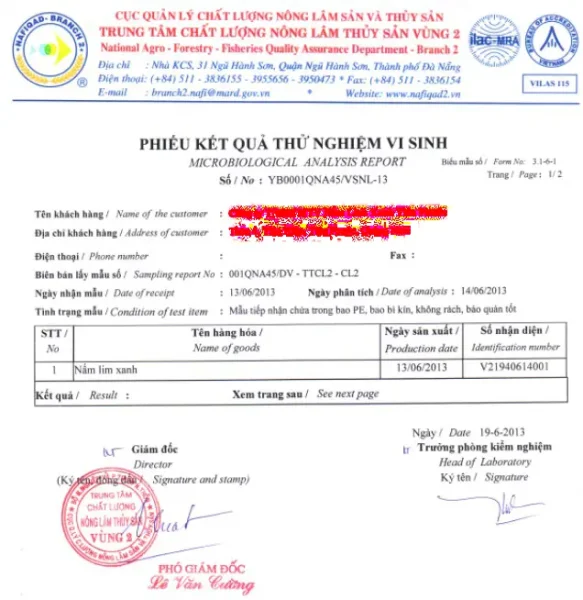 So Sánh Nấm Lim Xanh Rừng & Trồng: Sự Thật Về Thị Trường Vàng Thau Lẫn Lộn 8 Giấy xét nghiệm vi sinh nấm lim xanh rừng thiếu chỉ số dược chất